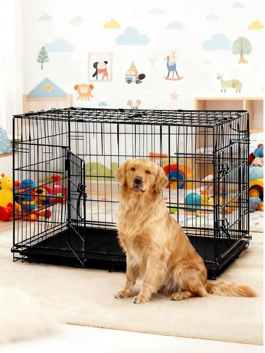 Double Door Bold Dog Cage Foldable Metal Wire Dog Cage, With Partitions And Leak-Proof Tray, Protective Feet And With Isolation Net - With Door Lock, Pet Kennel, Multiple Sizes Suitable For Indoor, Outdoor, Travel Metal Cage - Black - View 1