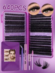 640/480/200片套装：高容量蓬松D型卷翘假睫毛。此套装包含新手教程、浓密丰盈的DIY分段式假睫毛和多层假睫毛，以及专用胶水、定型凝胶、镊子和睫毛刷。 - 紫色 - 查看 12