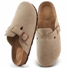 Women's Fall Flat Sandals:Leather Mules Cork Footbed Sandals & Potato Shoes,Women's Suede Clogs Slip On Mules Cork Footbed Potato Shoes Comfort Closed Toe Sandals With Arch Support.Women's Apricot Clogs With Buckle Closure And Rubber Sole,Women Stylish And Versatile Slippers Flat Shoes With Comfort Cork Footbed For Outdoor,Wide Width Summer Shoes For Womens,Daily Casual Outdoor Sandals - 杏色 - 查看 2