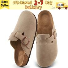 Women's Casual Apricot Suede Mules - Leather Mules Cork Footbed Sandals & Potato Shoes,Women's Summer Falt Sandals.Adjustable Buckle Clogs With Cork Insole & Arch Support, Lightweight Potato Shoes Design, Versatile For Indoor/Outdoor, Shopping, Travel & Four Season Activities - Apricot - View 1
