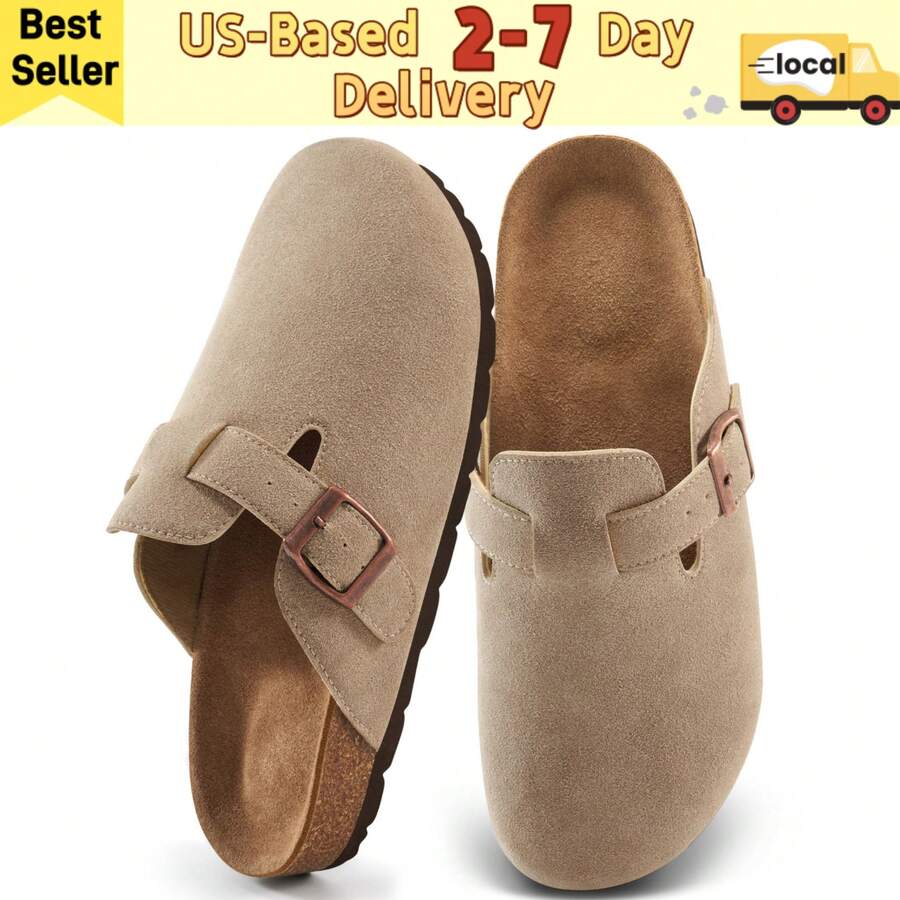 Women's Casual Apricot Suede Mules - Leather Mules Cork Footbed Sandals & Potato Shoes,Women's Summer Falt Sandals.Adjustable Buckle Clogs With Cork Insole & Arch Support, Lightweight Potato Shoes Design, Versatile For Indoor/Outdoor, Shopping, Travel & Four Season Activities - Apricot - View 1
