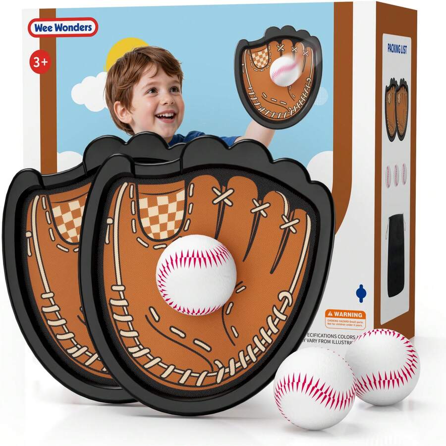 Wee Wonders Toss And Catch Ball Game Set, Kids Baseball Glove Includes 2 Paddles & 3 Sticky Balls, Ball And Catch Game For  Yard Pool Outside, Beach Essentials,Indoor Outdoor Kids Toys For Toddlers Ages 3-12