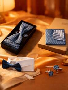 3pcs Striped Bow Tie, Pocket Square, Cufflinks Gift Set, Groom/Host Formal Accessories - Multicolor - View 2