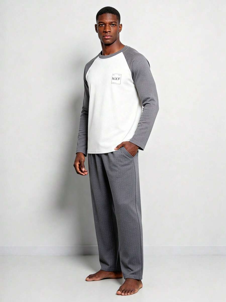 Snug League 男士纯棉圆领长袖上衣和裤子睡衣套装（2件套），透气吸湿，适合春秋季和秋冬季穿着。 - 米色 - 查看 1