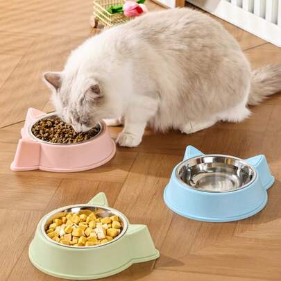Stainless Steel Pet Bowl With Cute Cat Ear Base, Non-Slip Feeding Bowl For Dogs & Cats, Multiple Colors Available