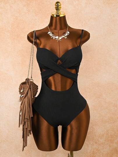 1 bộ áo tắm thời trang màu trơn, thanh lịch, gợi cảm, có gân, khoét lỗ, thích hợp cho kỳ nghỉ biển mùa xuân/hè.