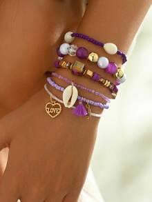 1 Set LOVE Metal Pendant Tassel Shell Bracelet, Bohemian Style Beach Vacation Wear - Multicolor - View 2