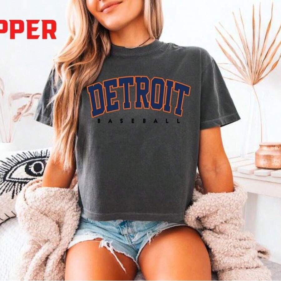 Vintage Detroit Baseball Cropped Tshirt Detroit Baseball T-Shirt Retro Detroit Tee Baseball Gift Comfort Color Crop Top - 黑色 - 查看 1