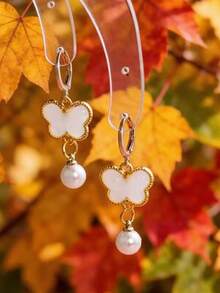 1 Pair Chinese Style Butterfly Pearl Pendant Earrings, Elegant Resin Faux Agate Jade Feeling Earrings, Chic Luxury Refined Jewelry - Butterfly - View 2