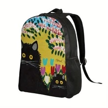 ZLIENSZUS Lightweight Backpack With  Lewis Art - Floral & Cat Design School Bag, Minimalist Everyday Backpack For College, Travel, Work - Durable Daypack For Women & Men, Easy-Clean Everyday Carry, Backpack For School, College Essentials, Playful Design, Comfortable Straps, Travel Accessory,  Accessory, Sturdy Construction, Versatile Carryall, Men And Women - 黑色 - 查看 3