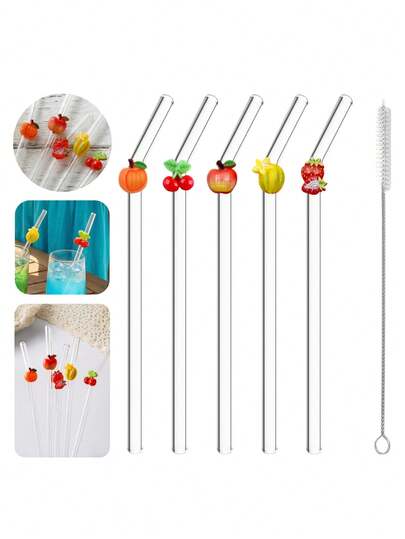 5pcs Reusable Straws Set, Suitable For All Seasons, Includes Straws And Cleaning Brush, Applicable For Milkshakes, Iced Coffee, Matcha, Essential Kitchen Supplies, Kitchenware, Holiday Gift