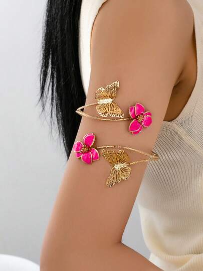 1pc Exaggerated Vintage Elegant Enamel Hollow Flower & Butterfly Cuff Bracelet, Suitable For Beach, Party, Banquet And Daily Wear