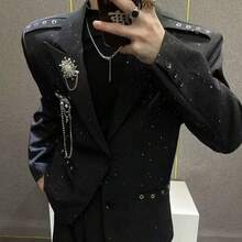 Brooch Hanging Chain Design, Light Luxury, Starry Sky Hot Stamping, Fine Sparkling Suit, Men's High-End Sense, Cool And Stylish Shoulder Pad Suit Jacket - màu đen - Xem 1