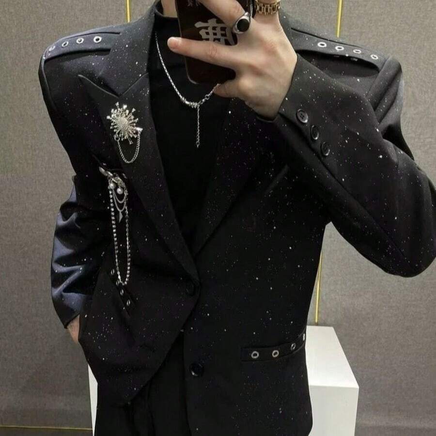 Brooch Hanging Chain Design, Light Luxury, Starry Sky Hot Stamping, Fine Sparkling Suit, Men's High-End Sense, Cool And Stylish Shoulder Pad Suit Jacket - màu đen - Xem 1