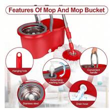 Spin Mop And Bucket With Wringer Set, 360° Floor Cleaning System, 3 Microfiber Refills, 61" Extended Handle, Easy Self-Wringing For Home Kitchen Tile Wooden Floor Cleaning - Màu đỏ - Xem 4