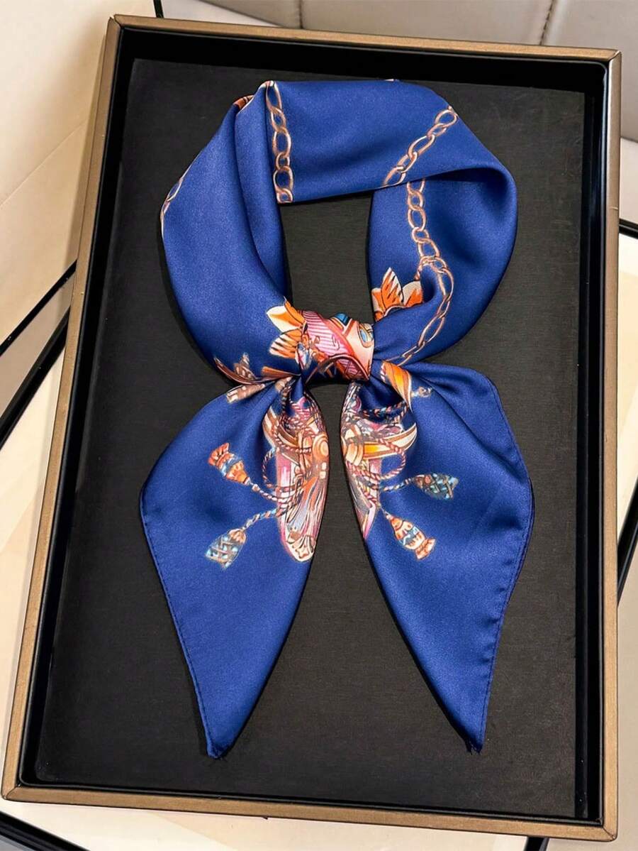 1pc Paisley Floral Print Bandana Square Silk Scarf, Women's Satin Printed Headscarf, Neckerchief, Headband, Fashion Shawl, Scarf - Navy Blue - View 1