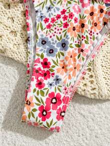 Women's Ditsy Floral Backless Tie Strap Ruffle Trim Bohemian Beach Bikini Sets, Elegant Sexy Cute For Spring Summer Vacation Pink - Pink - View 6