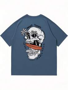Men's Skull Graphic Print Crew Neck Casual Short Sleeve T-Shirt, For Halloween 100% Cotton - 霧霾藍 - 查看 3