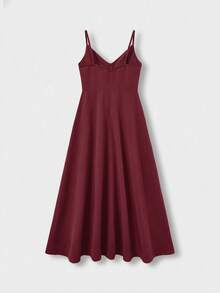 QUNGIGU Women's Elegant V-Neck Midi Dress, Linen Texture A-Line Backless Slip Dress, Suitable For Vacation, Beach, Wedding, Cocktail Party - Burgundy - View 5