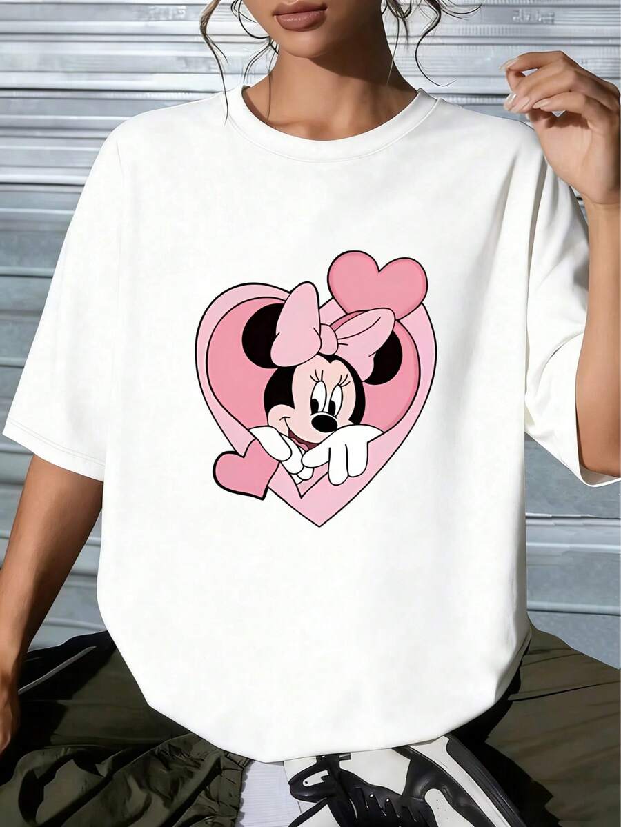 Disney Minnie Mouse Pink Hearts Graphic Tee, Soft Cotton, Breathable, Unisex Casual Pullover T-Shirt For SummerMade From Soft, Comfortable, And Durable Pure Cotton, This Is An Ideal Choice For Spring And Summer. This Crew Neck T-Shirt Is Suitable For Various Occasions, Including Everyday Wear, Shopping, Parties, Travel, And Gatherings, And Also Makes A Thoughtful Gift. - White - View 1