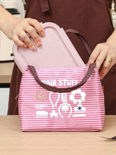 女士便携式发型图案午餐包 - 条纹发型印花，带有“发饰”标签，适合通勤上班，可重复使用，防漏，可爱，防污，侧边水壶袋，可重复使用的保温午餐盒，大容量手提袋，适合旅行、工作、野餐、海滩等场合。