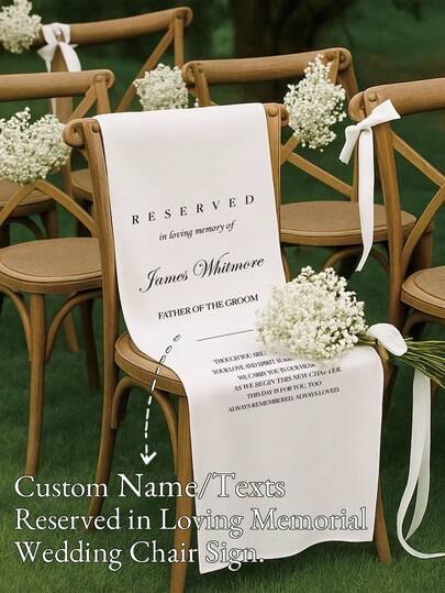 Loving Memory Wedding Sign, Personalized Name/Texts White Chair Banner, In Memory Of Loved Ones, Wedding Aisle Sign, Remembrance Ceremony Decor. 1pc Personalized In Loving Memory Wedding Chair Banner & Memorial Sign - Name & Date Funeral Remembrance, Wedding Mass Decor - Tribute For Deceased Spouse//Parent/ - To Hang