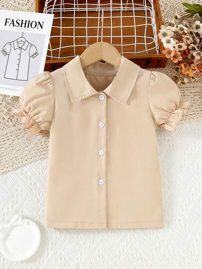 女童浅杏色泡泡袖短袖罩衫，春夏杏色彼得潘领纽扣设计罩衫，甜美学院风礼物，适合送礼、户外活动或日常穿着等多种场合