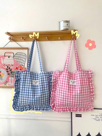 1pc Cute Fresh Plaid Ruffle Trim One Shoulder Tote Bag, Lovely Floral Fringe Special Tote Bag, Casual Commute Tote Bag, Ins Korean Style Student Handbag