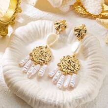 2件套几何流苏椭圆珍珠耳环，适合女士海滩度假旅行佩戴 - 彩色 - 查看 3