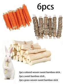 6件装水草和甜竹小型宠物磨牙玩具，适合兔子、仓鼠、松鼠等宠物。 - 查看 6