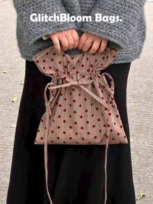 多功能通勤及春季旅行原创波点褶皱天鹅绒抽绳包，复古红色婚礼包，街头风斜挎包，小众设计 - 彩色 - 查看 3