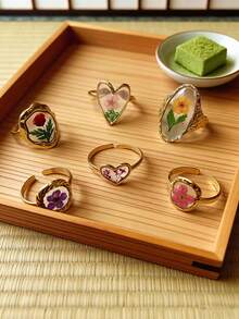 New Handmade Dried Flower Oil Drop Ring, Creative Stainless Steel Oval Heart Shaped Dried Flower Handmade Oil Drop Open Ring, Sweet Cute Everlasting Flower Ring For Women, Non-Fading - Multicolor - View 9