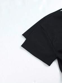 Set 2 buc. pentru adolescenți/tineri, sporturi în aer liber, casual, lejer, cu model waffle, cu mânecă scurtă și pantaloni scurți waffle, nou-veniți de primăvară/vară - Negru - Vizualizare 7