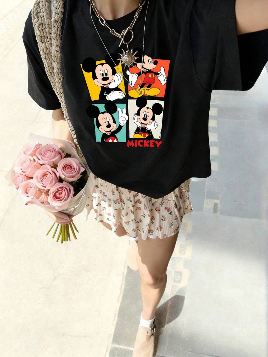 Disney Women's Casual Cotton Round Neck Short Sleeve Mickey Mouse Print T-Shirt - Black - View 1