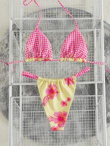 Women's Triangle Bikini 2 Pieces Set With AB Print Pattern, Suitable For Island Vacation And Photography - Multicolor - View 3