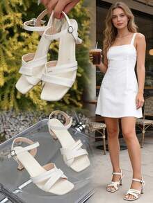 White Slim Heel Sandals For Teen Girls - Square Toe Cross Strap With Ankle Wrap & Metal Ring, Fresh Summer Style - White - View 1