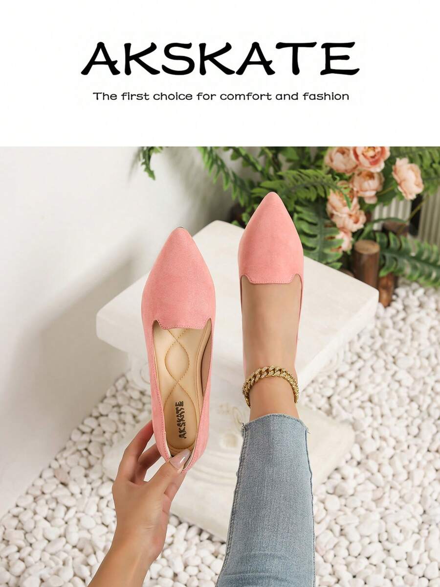 Women's Pointed Toe Flat Shoes, V-Cut Vamp Slip On Casual Dress Flats, Soft Padded Insole Anti-Slip Outsole, Multi Bright & Classic Solid Color Options, Comfortable Everyday Footwear For Office Work Daily Commute Shopping Weekend Outings - 深粉紅色 - 查看 1