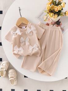 2pcs Baby Girls Casual Lace Bow Round Neck Top And Long Pants Set, Summer - Apricot - View 1