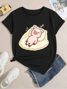 Camiseta gráfica "Cerdito Durmiendo" para m u jer, algodón premium, corte holgado, transpirable, hip-hop callejero, diseño gráfico. - Negro - Ver 2