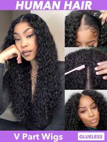 Women's V Part Water Wave Human Hair Wig Brazilian Virgin Hair Wigs No Glue & Gel Needed, Rose Net Cap For All Ethnicities, Stylish Hairpiece, Natural Look Hairpiece 180% Density 8-20 22 24 26 28 30 Inch Natural Black - Natural Black - View 2