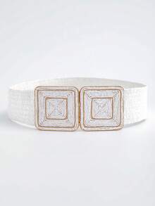 1 pieza Cinturón cuadrado de mujer trenzado de ratán con hebilla de metal y paja tejida de PP, estilo bohemio para verano, escuela, otoño, Halloween - Caqui - Ver 19