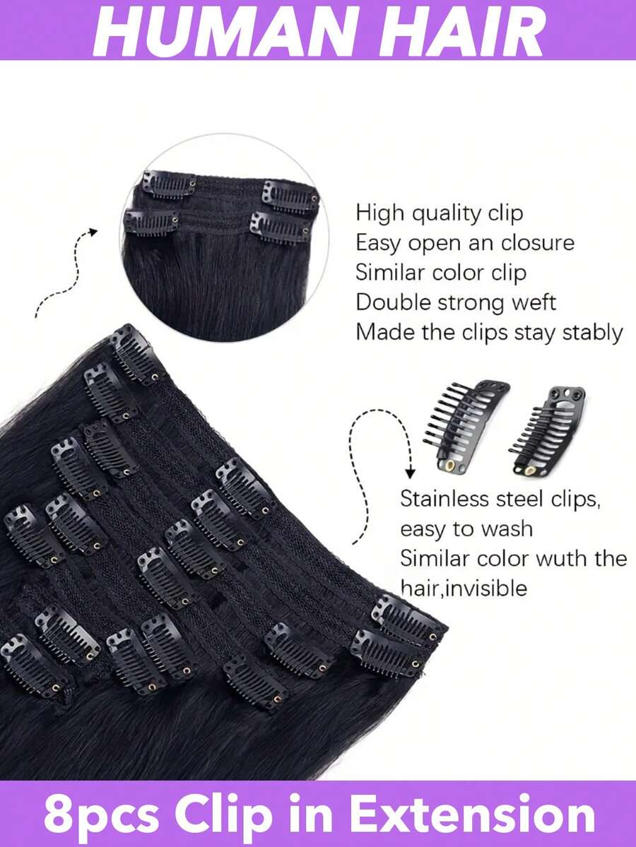 Clip In Hair Extensions Real Human Hair, 18 Inch 100g/3.6oz, #1B Natural Black, Clip In Brazilian Remy Human Hair Extensions 8pcs Per Set With 18 Clips Double Weft Full Head For Women 8-28 Inch Straight - Natural Black - View 1