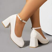 Women's High-Heeled Shoes, Round Toe, Chunky Heel, Single-Strap Buckle, Solid Color, Simple Style, Casual And Comfortable, Elegant And Unique, Suitable For Dates With Skirts, Attending Dances And Banquets, And Daily Commuting. - 白色 - 查看 7