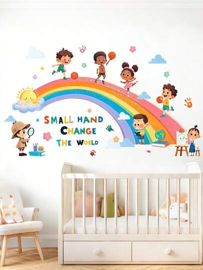 创意彩虹墙贴，儿童房装饰墙画，展现勤奋好学和运动型儿童的形象，自粘墙纸