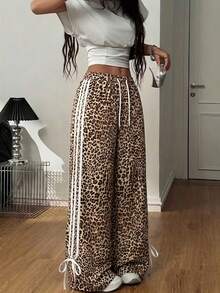 女士 Y2K 音乐节豹纹印花弹力腰宽松休闲运动裤，美式街头风运动裤 - Warm Clay - 查看 1