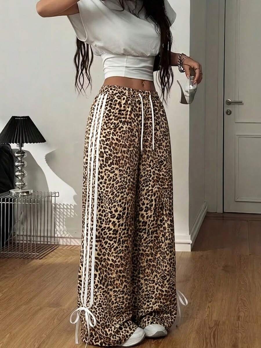 女士 Y2K 音乐节豹纹印花弹力腰宽松休闲运动裤，美式街头风运动裤 - Warm Clay - 查看 1