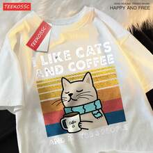Vintage T Shirts I Like Cats And Coffee Men Women T-Shirt Cotton Tee Clothes Hip Hop Loose Tshirt Fashion Crewneck T-Shirt Streetwear Couple Best Gift, Patterned Short Sleeve T-Shirt Graphic T Shirt - trắng - Xem 7