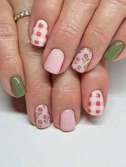 24pcs/Set Short Square Floral Plaid Press-On Acrylic Nails, Includes 1 Nail File And 1 Jelly Gel, Suitable For Daily Wear And Festive Occasions In Spring/Summer For All Women/Girls