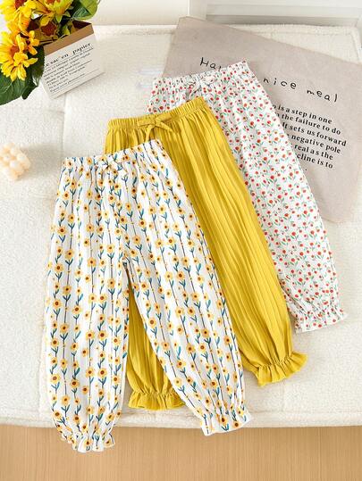 3pcs Girls Casual Floral Print Pants, Lightweight Children Yellow & Casual Textured Trousers Suitable For Autumn, Summer, Spring, Designed For Outdoor Activities
