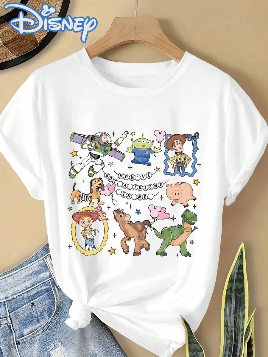 DISNEY Women's Toy Story T-Shirt - Official Woody & Buzz Lightyear Print Short Sleeve Round Neck Casual Blouse Top Suitable For - Wear, Machine Washable For & Everyday Outfits - White - View 1